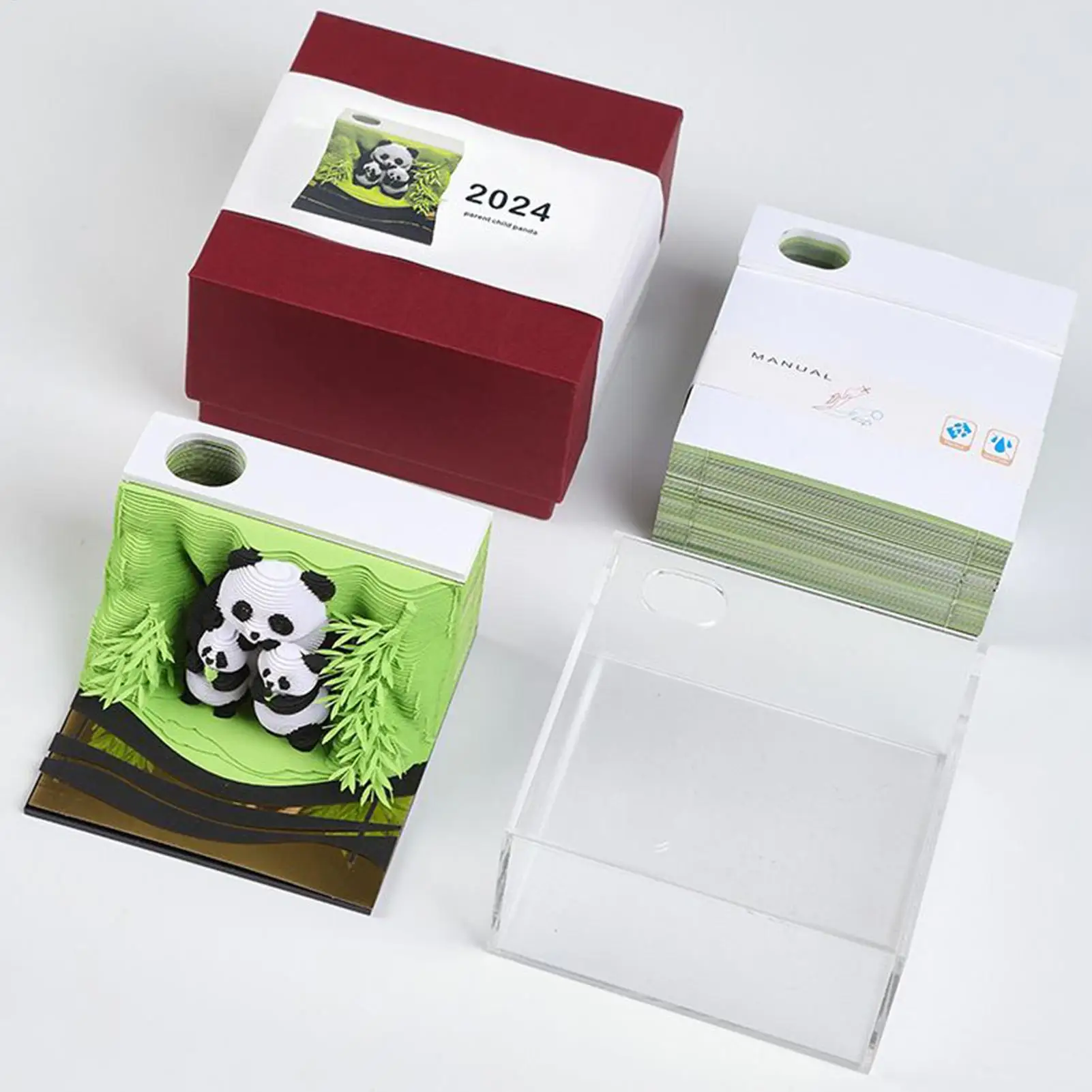 Calendrier 3D 2026 à Effeuiller Avec Lumière LED – Modèle Panda Ou Pingouin – Sculpture Papier Sous Acrylique – 9,8x9,8x8,5 Cm