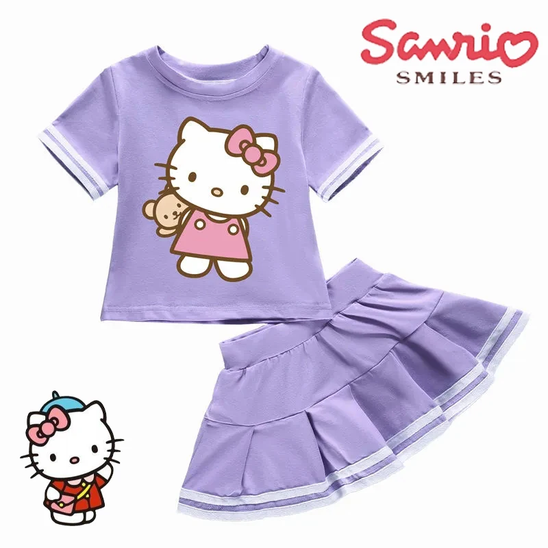 

Kawaii Sanrio Hello Kitty Comic Short Sleeved Suit Ruffle Edge Princess Dress Pure Cotton Children's Pleated Skirt Y2K