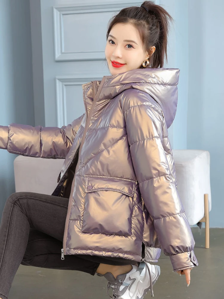 

Winter Jacket Women New Glossy Down Cotton Jacket Hooded Parka Warm Cotton Padded Jacket Casual Outwear Female Tops