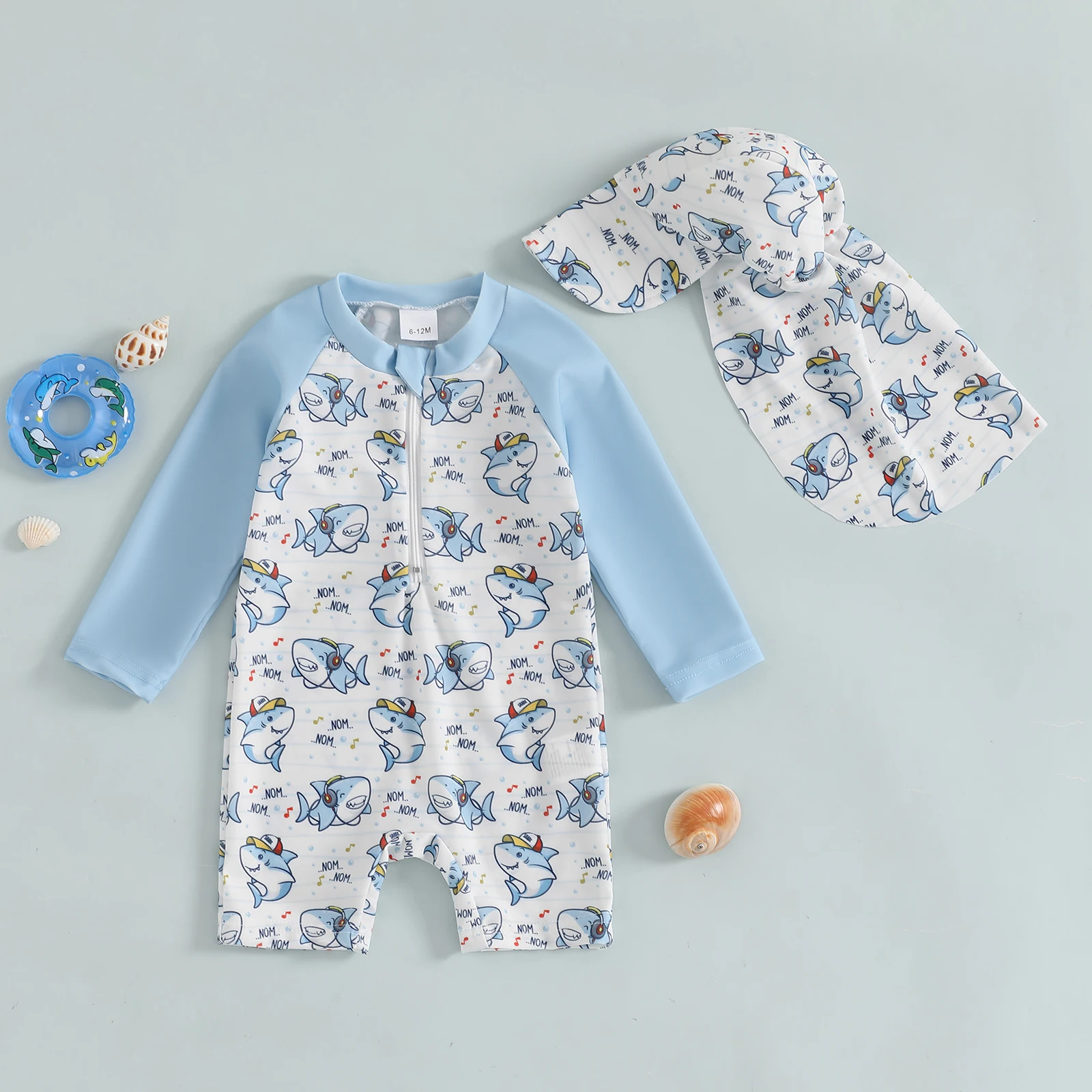 MISOWMNJOY Summer Baby Long Sleeve Swimwear Fashion Toddler Boys Rash Guard Swimsuit Dinosaur Print Zip Beachwar with Swim Cap 3