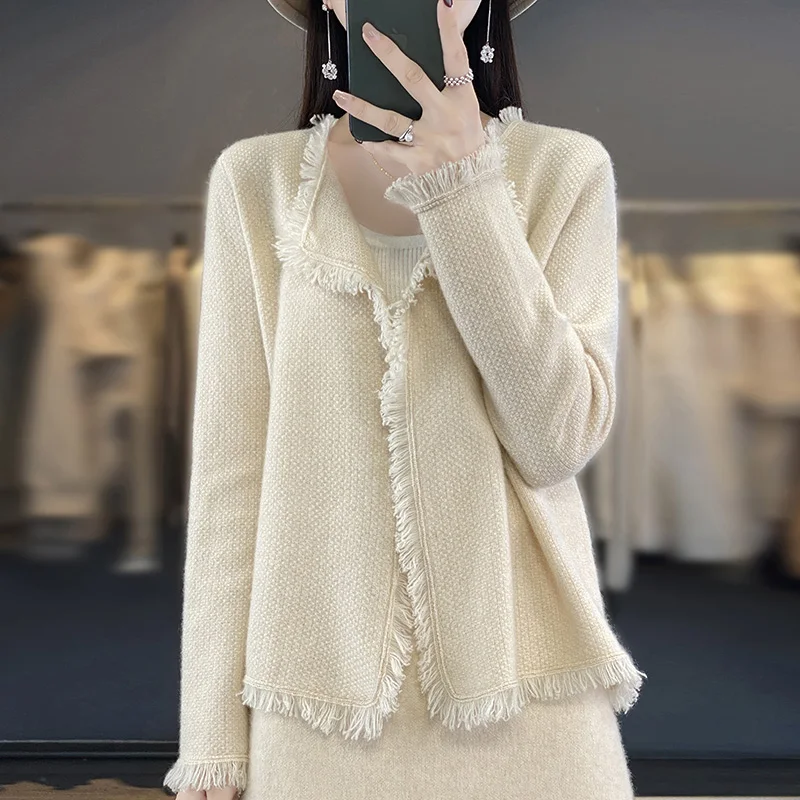 

New 100% wool knitted coat in autumn and winter, one button cashmere cardigan, female tassel solid color blouse loose, slim and