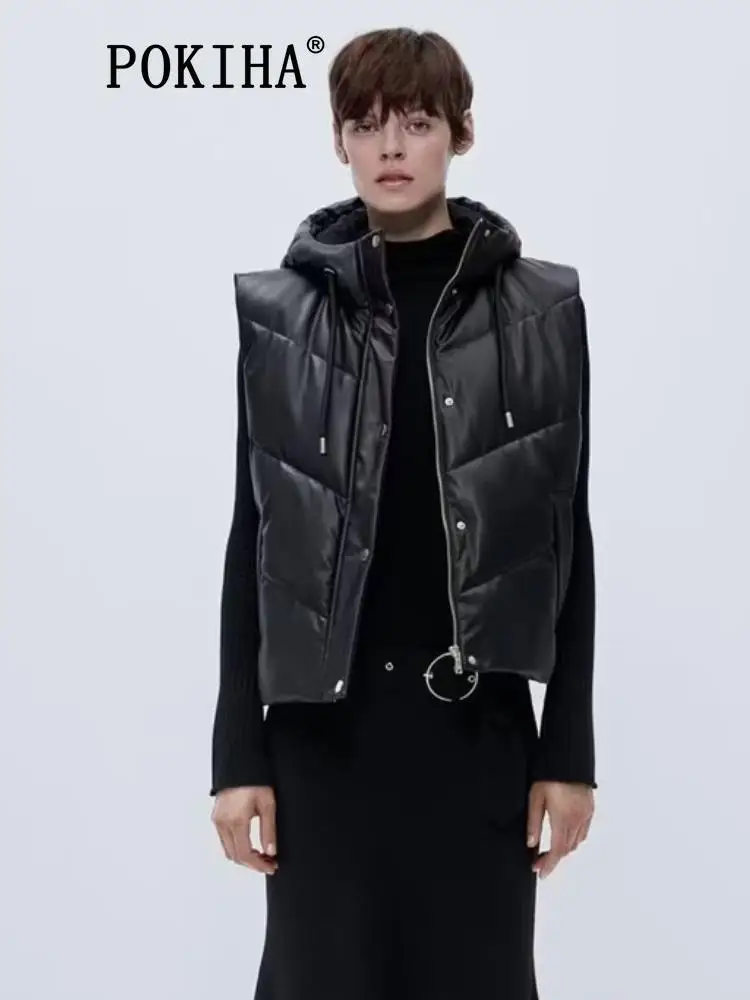 

Pokiha Women Fashion 2023 New Winter Faux Leather Padded Hooded Waistcoat Vintage Side Pockets Female Outerwear Chic Tops Mujer
