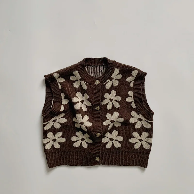 1213C Children Clothes Knitted Vest Spring New Children's Vest Retro Flower Knitted Boy's Sweater Coat Kid's Waistcoat
