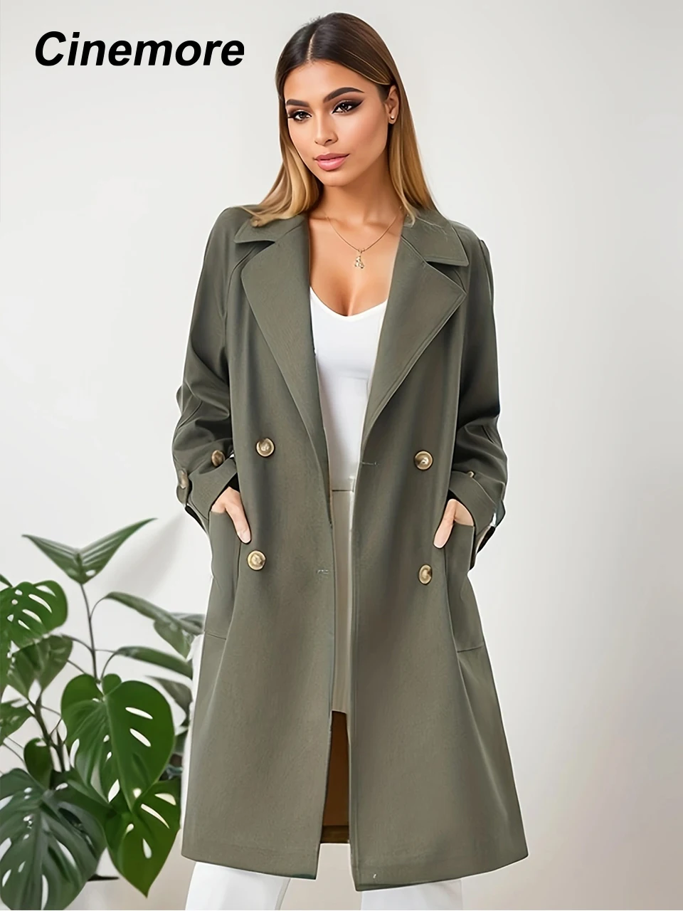 

Cinemore Spring Long Trench Coat for Women Casual Windbreaker Jacket Double Breasted Lapel Belted Windproof Female Overcoat