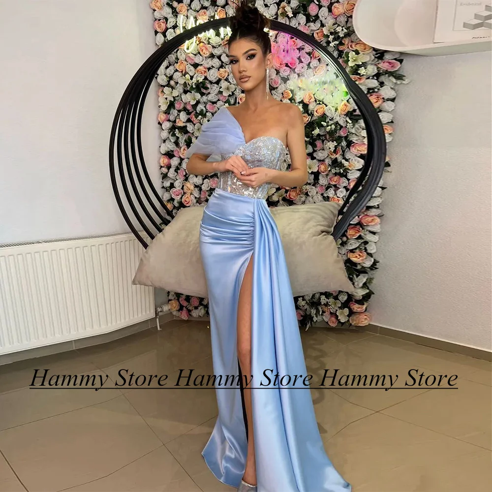 

Light Blue Mermaid Evening Dress One Shoulder Sweetheart Sparkling Beading Sequined Applique Sexy Prom Gown Robe De Soiree