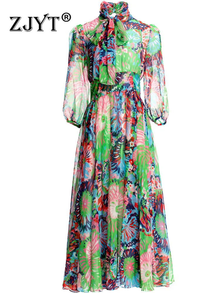 

ZJYT Runway Floral Print Maxi Chiffon Dress Summer Women Bow Collar Bohemian Style Vacation Beach Vestidos Vintage Elegant Robes