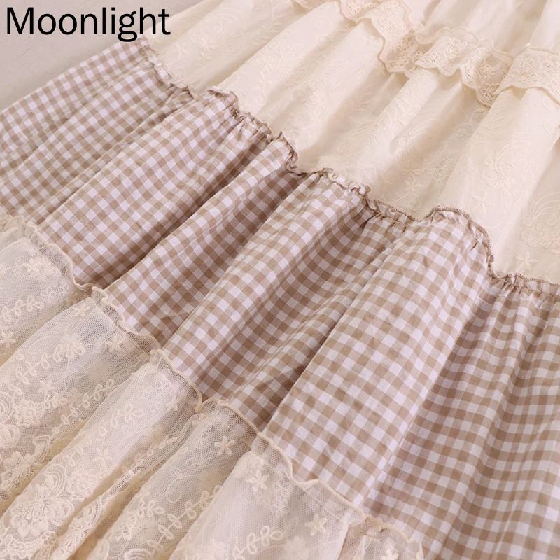 Vintage Plaid Mesh Skirt Japanese Sweet Mori Girl Elastic Waist Skirts Elegant Ruffles Lace Long Cotton And Linen Female Faldas