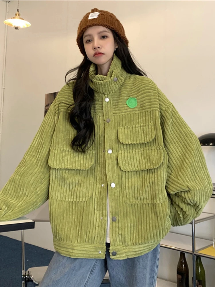 ZOKI Vintage Corduroy Jacket Spring Green Casual Button Up Loose