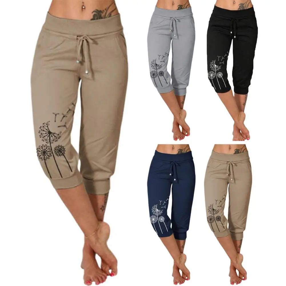 

Women Pants Dandelion Print Cropped Pants Soft Mid-calf Lady Sport Pants
