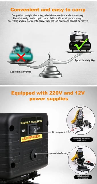12 V/220 V エアコンプレッサー車のエアポンプ 2.5L ポータブル 12 V/220 V エアコンプレッサー車のエアポンプ 2.5L ポータブル