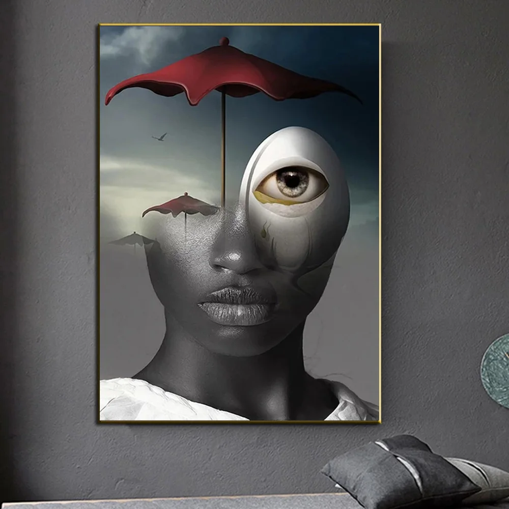 Настенная Картина на холсте с красным зонтом, суперреалистичные люди, черно- белый плакат и принты для гостиной, современные картины, домашний декор |  AliExpress
