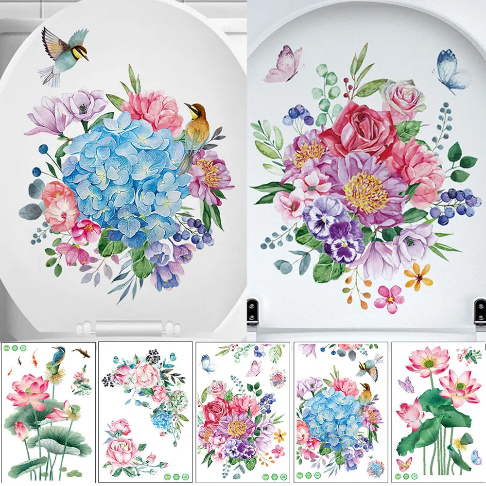 1pc Flower Toilet Stickers Bathroom Seat Cover Sticker Self-adhesive Removable Waterproof PVC Sticker Refrigerator Posters