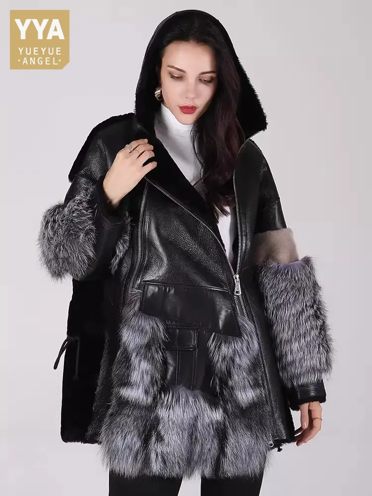 

Women Hooded Sheepskin Shearling Coat Fashion Luxury Spliced Design Fox Fur Zipper New Winter Genuine Leather Real Fur Jacket