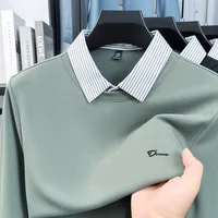 Camiseta lujosa de manga larga para hombre, nuevo estilo, de gama alta, falsa, dos piezas, cuello vuelto, Bordado de letras en inglés, negocios