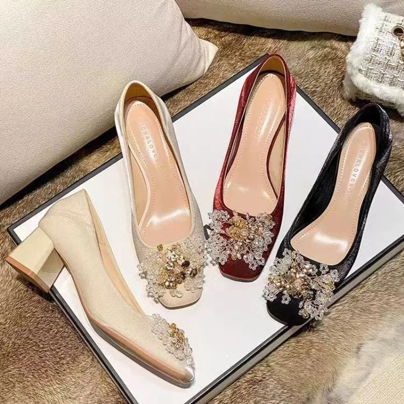 

2024Spring New Women High Heels Sparkly Wedding Shoes Lady Sequin Rhinestone Pumps Female Luxury Lace Crystal Square Toe Shoes