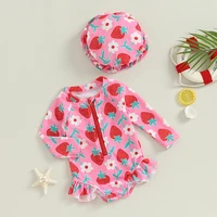Cute Long Sleeve Baby Girls Swimsuits Beachwear Summer Floral Print Ruffled Jumpsuit and Swim Cap Set for Toddler Bathing Suits 1