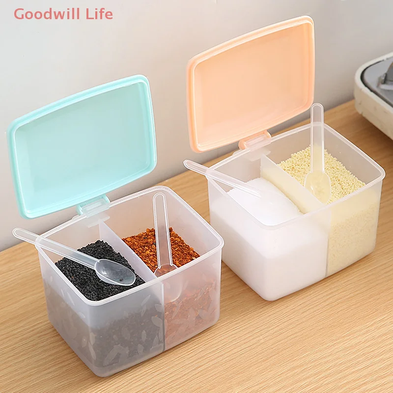 2 Grids Seasoning Box Transparent Lid Salt Pepper Seasoning Jar Household Sugar Condiments Storage Container Kitchen Gadgets