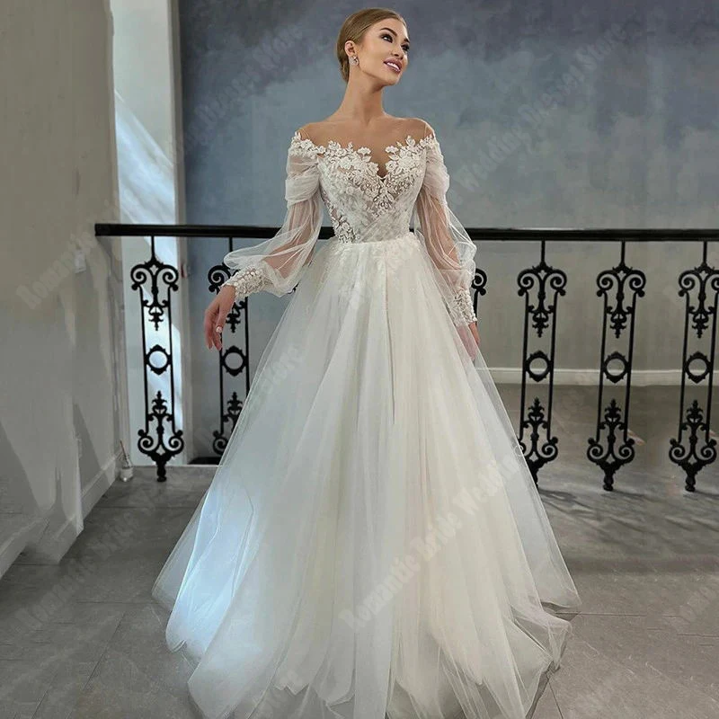 2025 Sexy Off Shoulder Tulle Wedding Dresses Fluffy Long Sleeves Prom Gowns Mopping Length Party Vestidos De Novias Customized 3