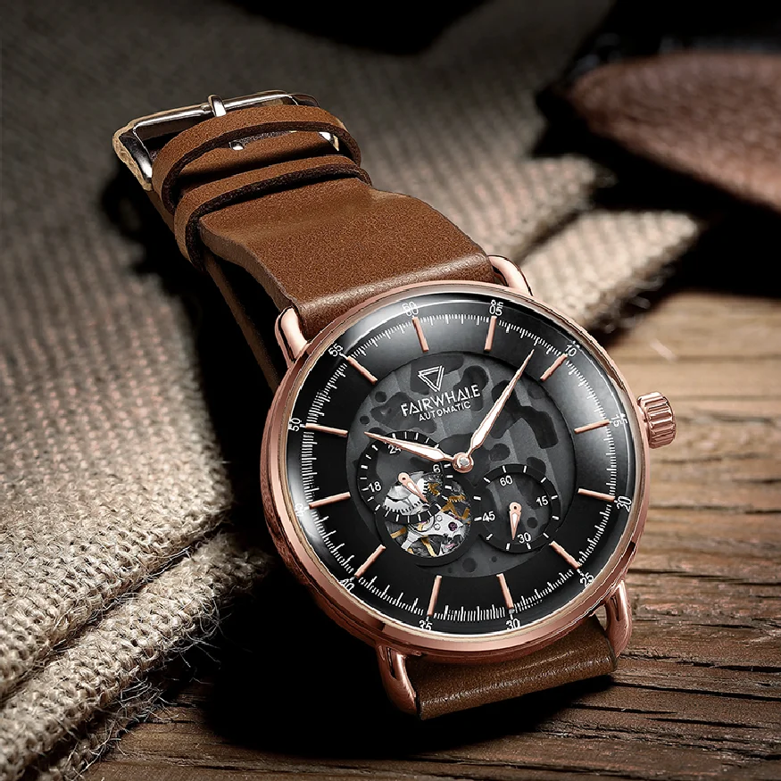 

Mark Fairwhale 2023 Automatic Mechanical Watch Skeleton Round Leather Strap Waterproof Men Watch