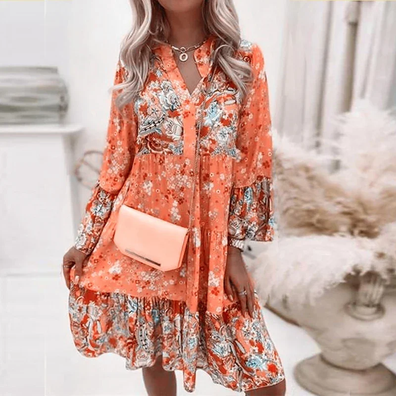 

Retro Floral Print Flare Sleeve Mini Dress 2024 Spring Women Ruffle Loose Party Dresses Casual V Neck Beach Dress Robe De Plage