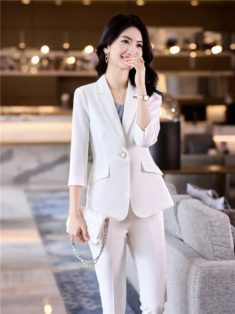 Ensemble blazer et pantalon d'été pour femme, tenue d'affaires chic et  élégante, manches mi-longues, gris et blanc, haute qualité, 2 pièces -  AliExpress