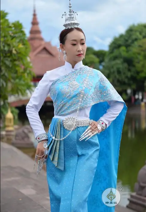 

Thai Traditional Clothing Thailand Women Dress Blue New Vintage Spring Stage Show