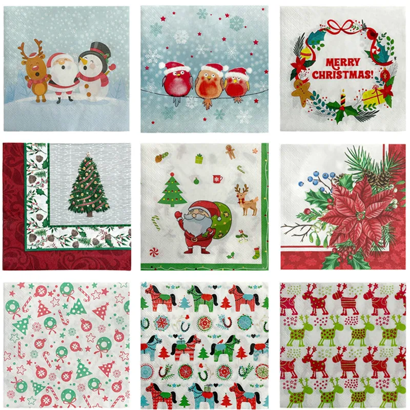 Christmas Napkins Paper Santa Claus Snowman Merry Christmas Decorations Home New Year Disposable Tableware Supplies 20pcs