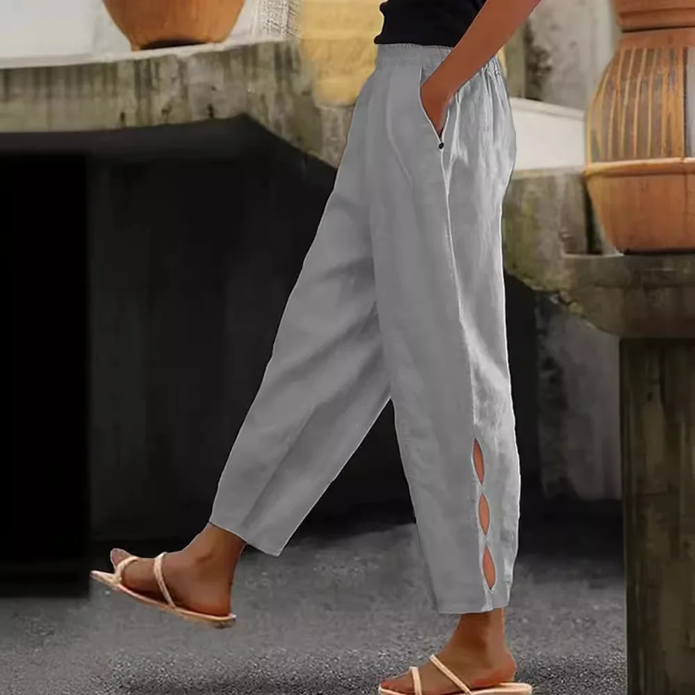 Women Fashion Embroidered Lace Trousers Vintage Lace-Up Pockets Pants Summer Elegant Loose Elastic Waist Long Pants Streetwears