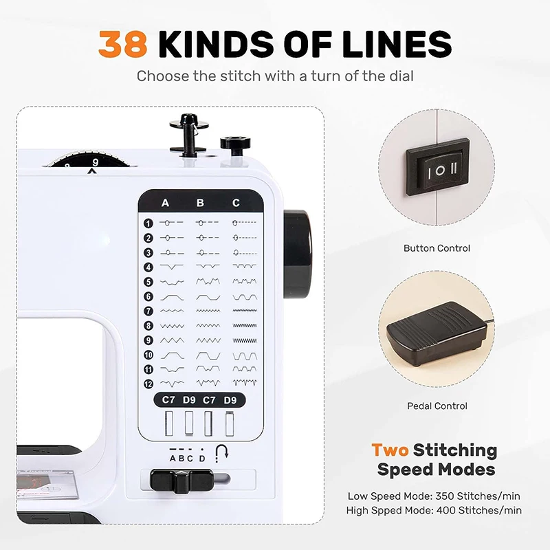 Mini Sewing Machine Portable Replaceable Presser Foot 38 Stitches Overlock Knitting Start Button Electric With Pedal Table 3