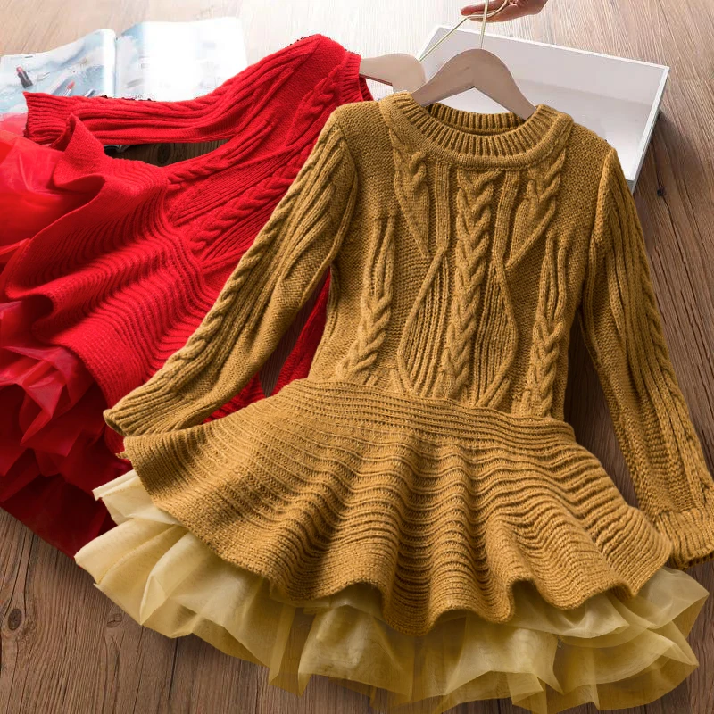 Long Sleeve Girls Winter Dress for 3-8 Years 2025 New Knitted Sweater Outfits Red Christmas Party Dress for Girls Kids Costume