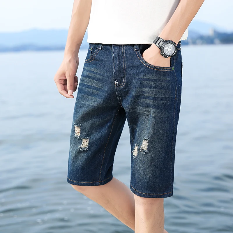 Summer Ripped Jeans Shorts Men Straight Denim Shorts Male Fashion Casual Work Denim Mens Clothing No Belt