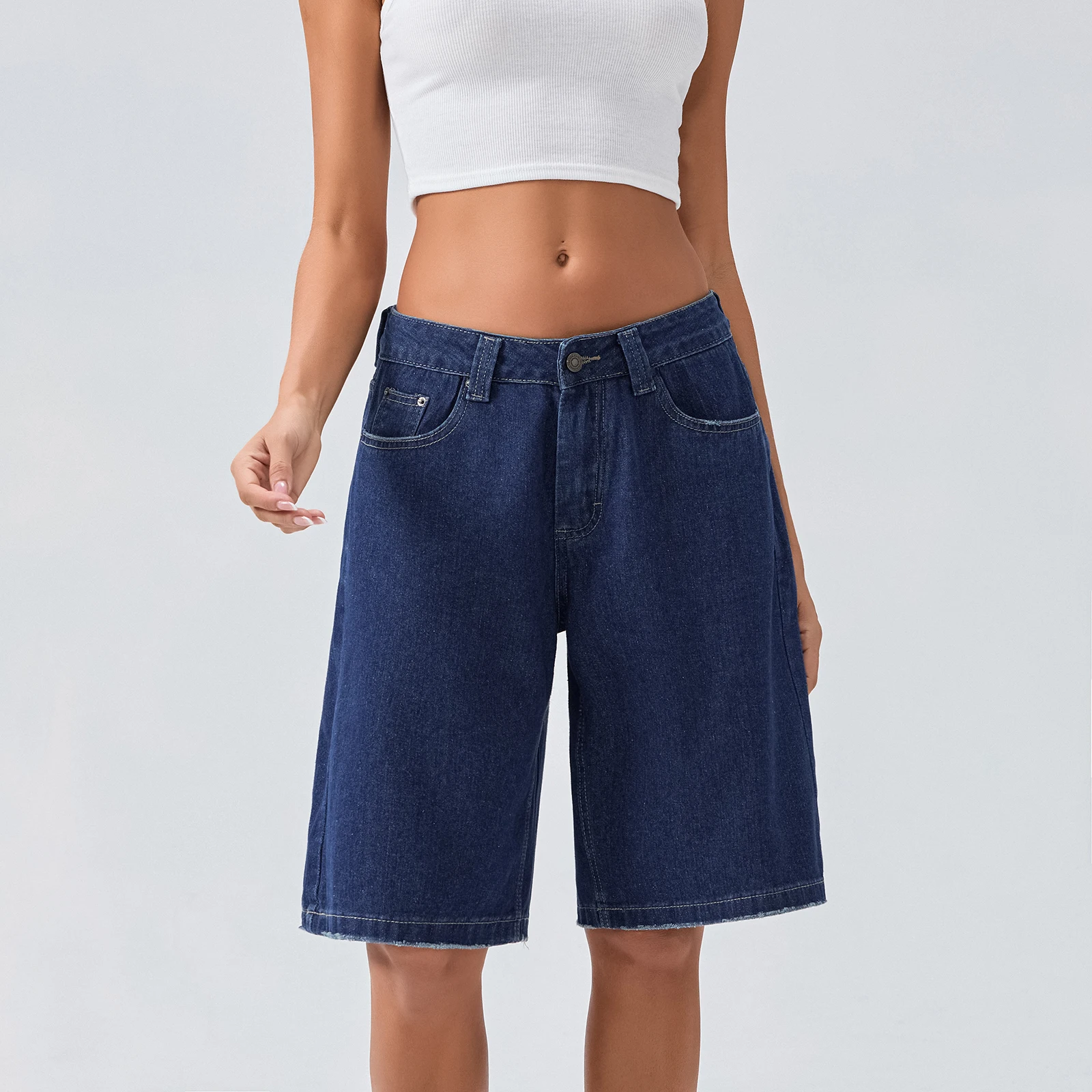 New Fashion Womens Knee Length Denim Shorts Loose Solid Color Low Rise Wide Leg Long Shorts With Pockets For Summer S-2XL