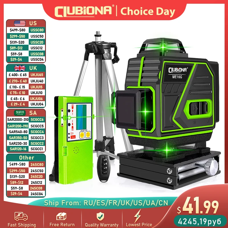 Профессиональный Зеленый лазерный уровень Clubiona 4D, 16 линий, 1 шт. или 2 дюйма, с пультом дистанционного управления и импульсным режимом Профессиональный Зеленый лазерный уровень Clubiona 4D, 16 линий, 1 шт. или 2 дюйма, с пультом дистанционного управления и импульсным режимом