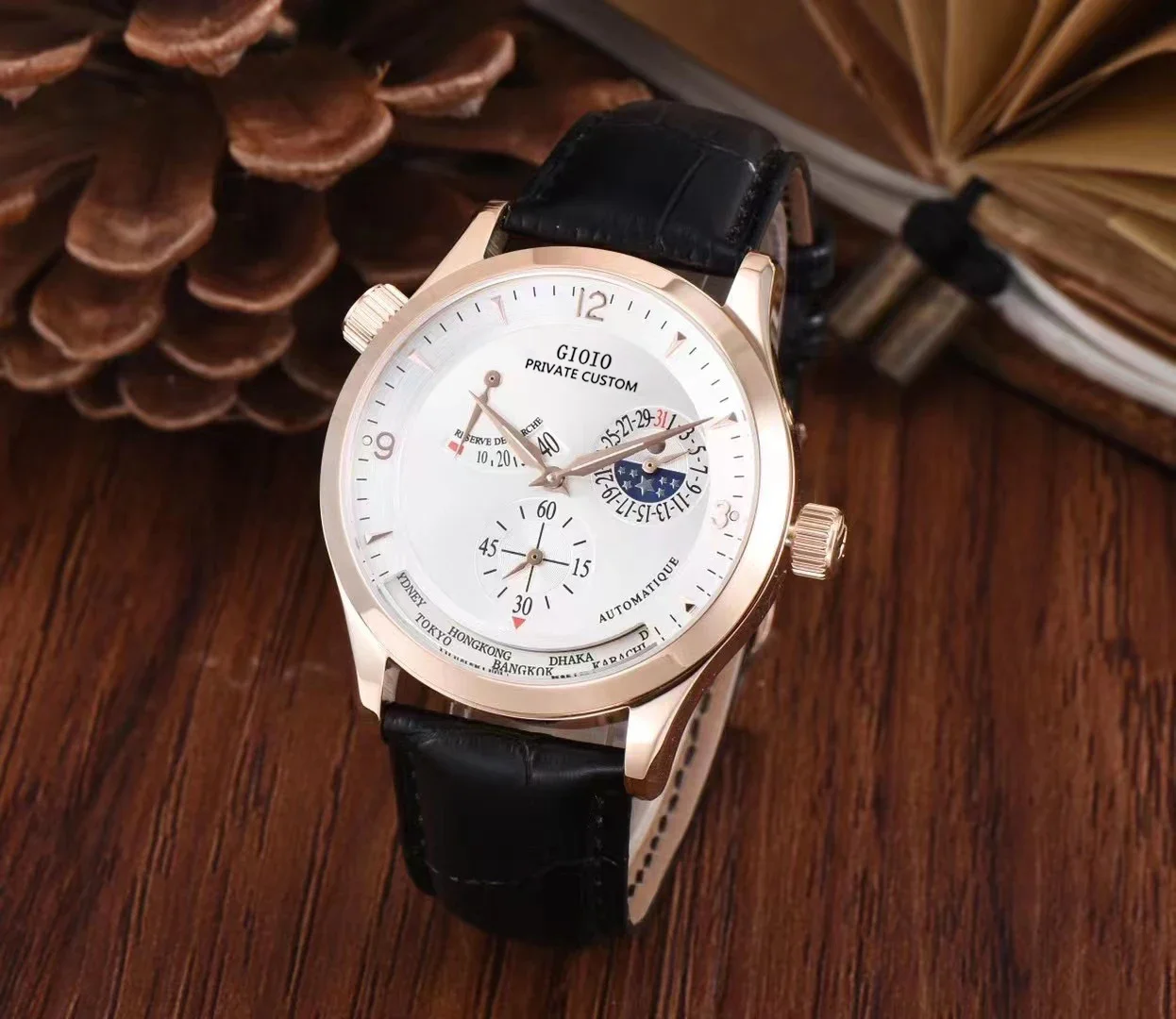 

42mm High Quality Mens Automatic Watch Mechanical Sapphire Dual Time zone Rose Gold Black Brown Leather