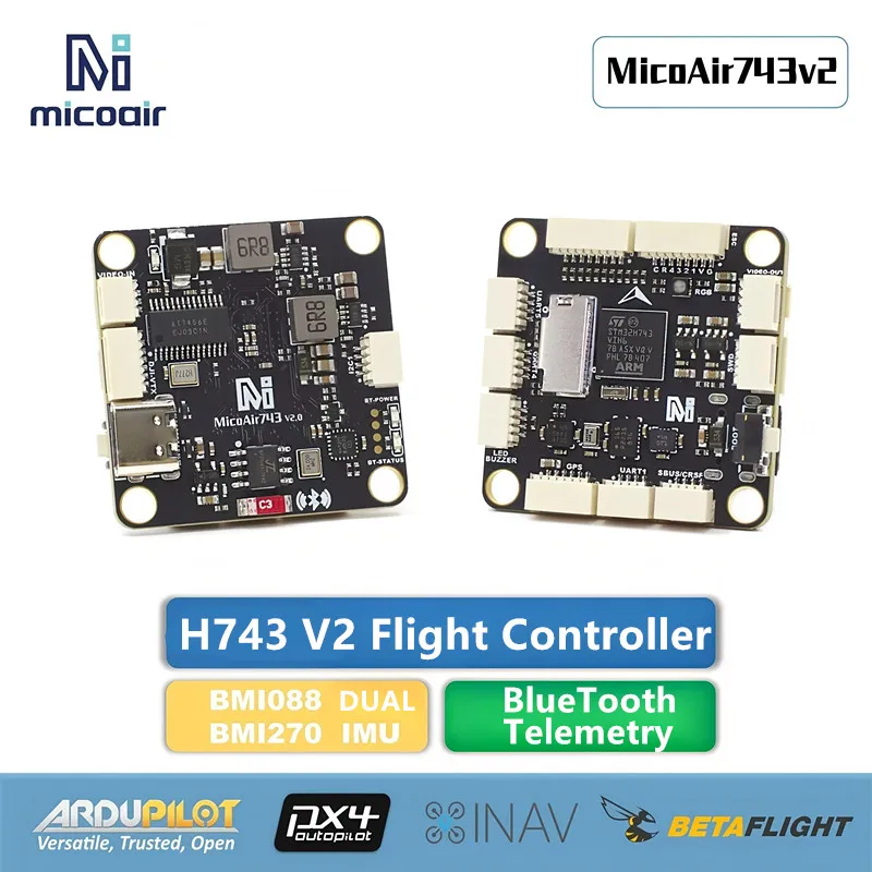MicoAir H743 V2 55A 60A 70A Flight Stack with Dual IMU and Bluetooth Telemetry Built-in supports Ardupilot/PX4/INAV/Betaflight