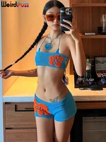 Weird Puss Embroidery Women 2 Piece Set Knit Summer Vacation Backless Bandage Strapless Tops+Shorts Casual Matching Slim Outfits 1