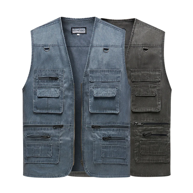Men's Denim Vest Jacket Casual Sleeveless Waistcoat Driver Cyclist Jackets Multi-pocket Zipper Army Green Blue Work Cargo Vests sleeveless vests