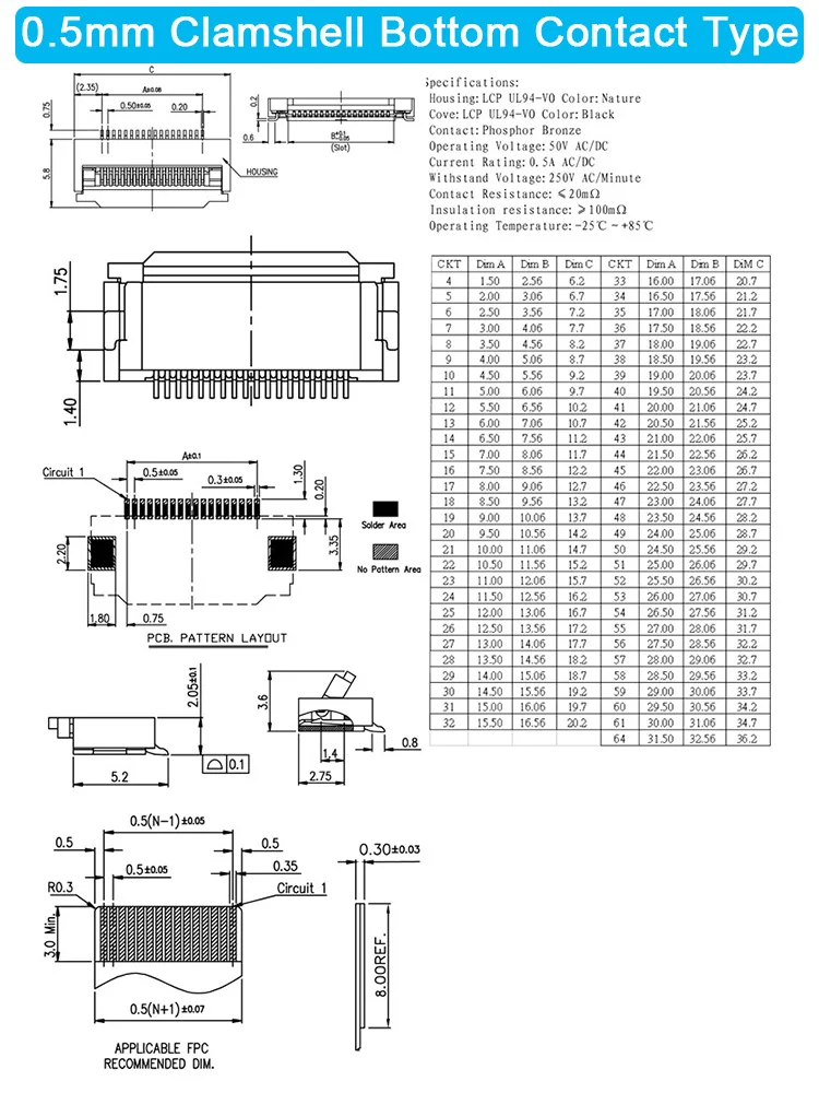 Description Picture 3 of item10pcs 0.5mm/1mm Pitch Under Clamshell Socket FPC FFC Flat Cable Connector 4P 5P 6P 8P 10P 12P 14P 16P 20P 22P 24P 30P 34P