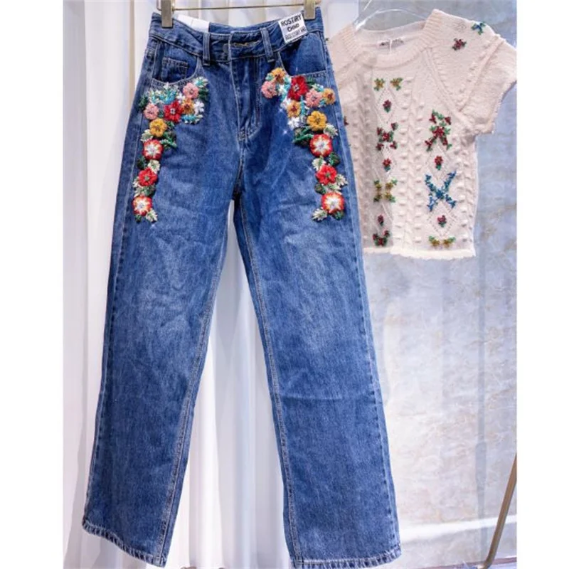 

Rhinestone High Waist Embroidered Loose Slim Wide Legs Stretch Jeans Women