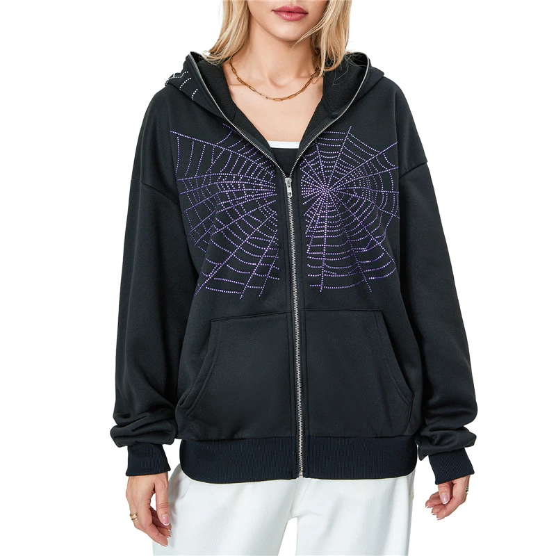 

Halloween Sweatshirt Women 2000s Rhinestone Spider Web Print Long Sleeve Tops with Pockets Full Zip Up Hoodie y2k Gothic Clothes