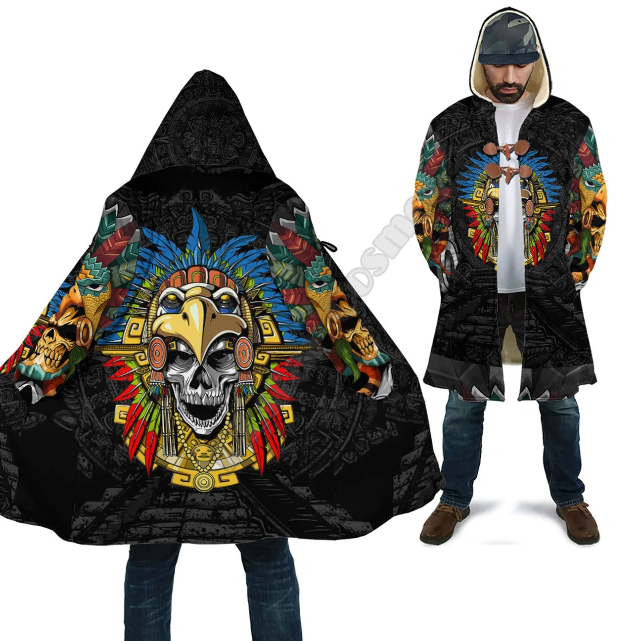 

Aztec Eagle Skull Mask Cloak 3D Printed Winter Hooded Cloaks Fleece Wind Breaker Unisex Warm Overcoat