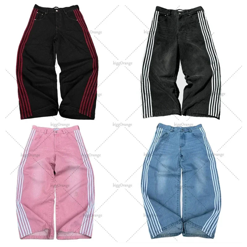 Men Jeans Ripped Jeans White Jeans New American Street Personality Hip-hop Harajuku Clothing Classic Striped Jeans Fashion Casual Versatile Straight Wide-leg Pants