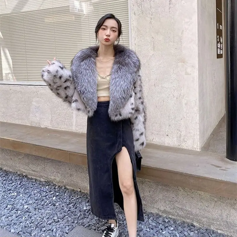 여성용 인조 실버 여우 모피 코트, 레오파드 패턴, 모조 밍크 모피 재킷, 큰 모피 칼라 파카, 가디건 플로킹 탑, 겨울