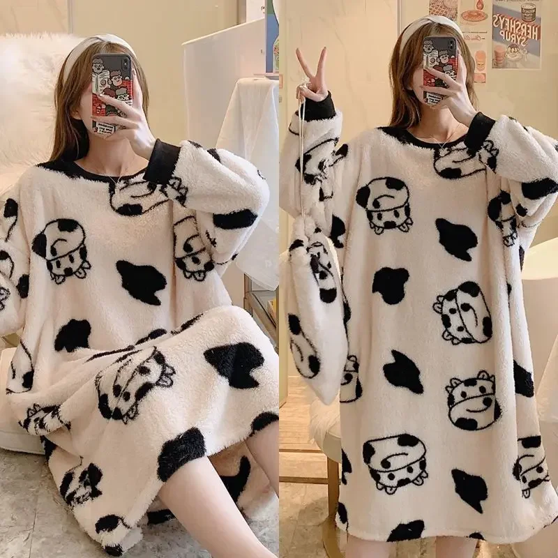 

large Nightgown for Female Flannel Nightdress Winter Nightwear Fleece Coral Loungewear Pyjamas M-5XL