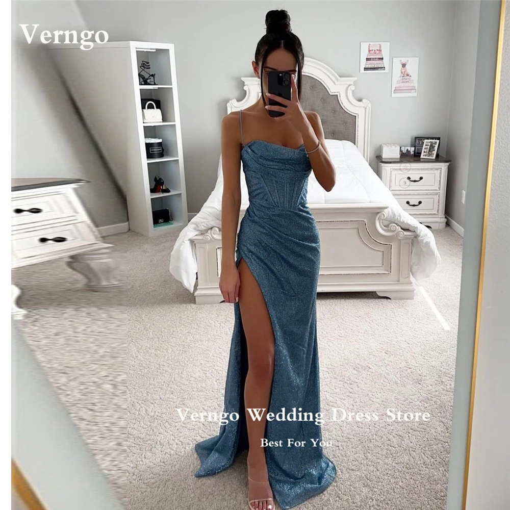 

Verngo Glitter Dusty Blue Mermaid Evening Dresses Spaghetti Straps Pleats Party Dress Shiny Formal Prom Gowns Night Occasion