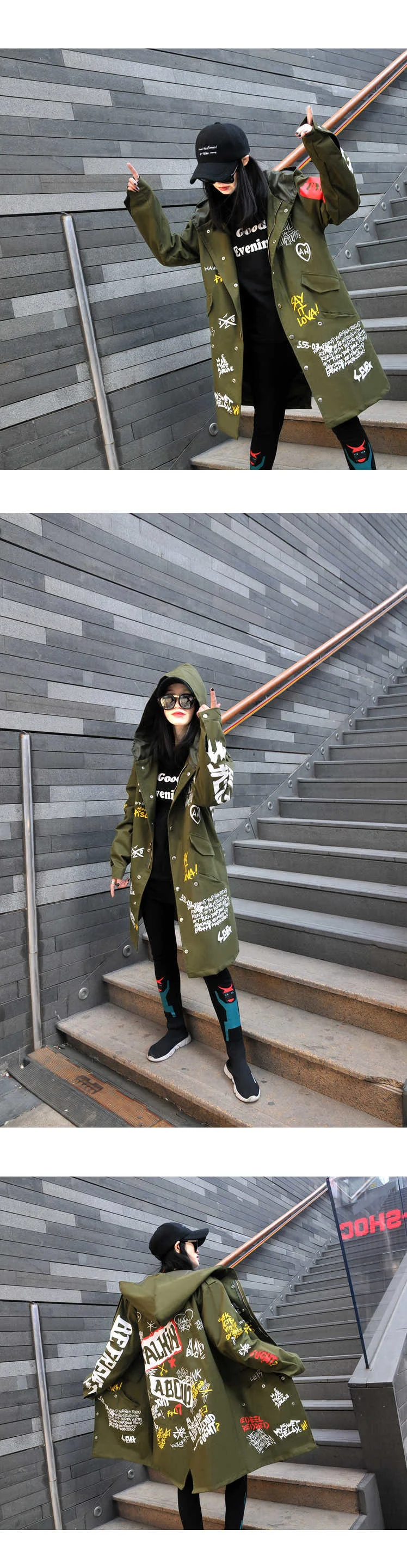 Hot Sale Kvinder Scrawl Overcoat 2023 Forår Efterår Lang Hætte Kvinder Frakke Brevtryk Kvinder Jakke Sort DQ0287_voghion.com