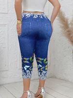 Plus Size Women's Capri Leggings with Butterfly Pattern Denim-Look Print Comfortable Stretch Fashion Casual Mid-Calf Knit Pants - Image 3