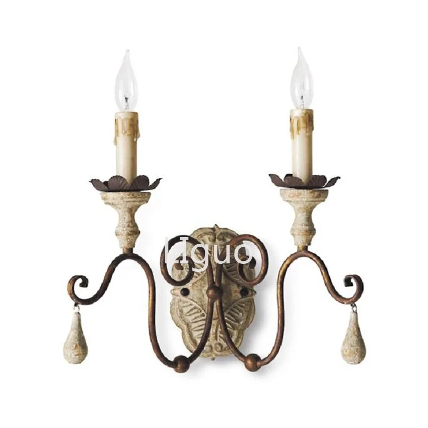 

French country wood wall lamps living room aisle retro nostalgic French light iron two heads candle wall sconces lights fixtures