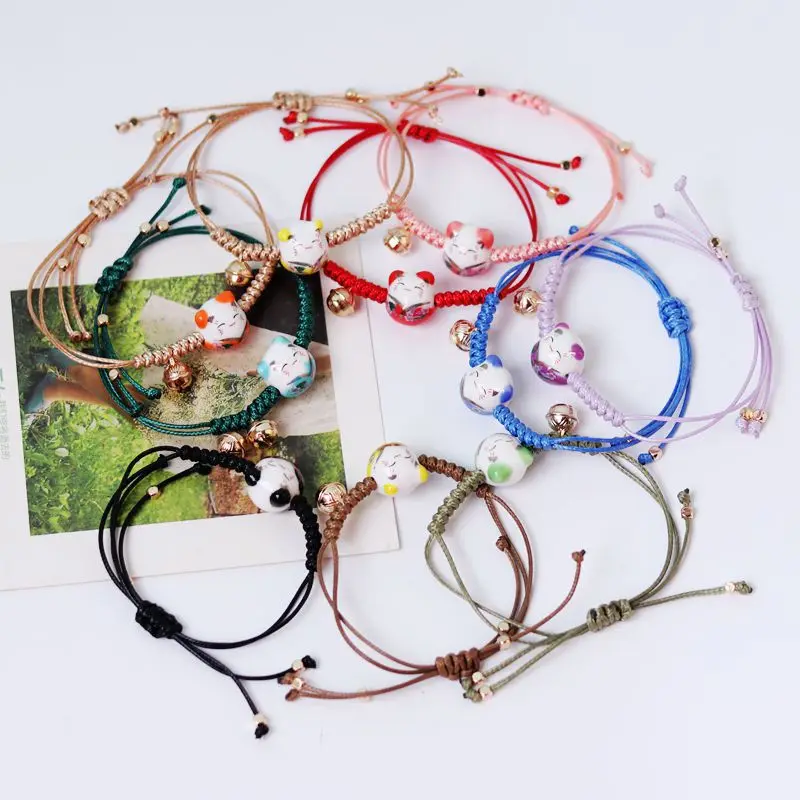 Bracelet Perles Céramique Chat Coloré - Taille Ajustable 15-20 Cm - Élastique, Fait Main - Cadeau Femme Ado