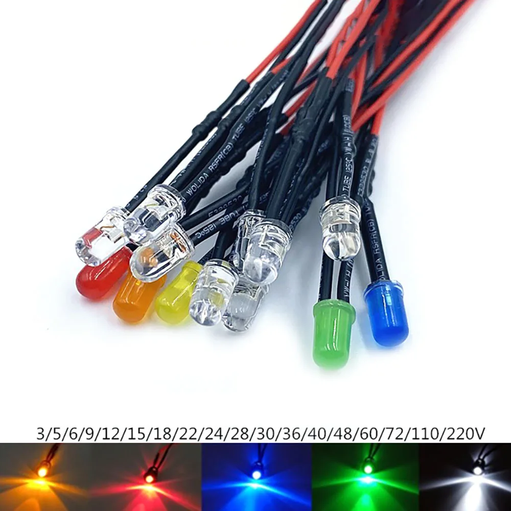 HOOCI 10Pcs 10mm Pre Wired Ultra Bright LEDs Emitting Diodes with Resistance Bulb Lights 3V 5V6V9V 12V 24V 36V 48V 60V 110V 220V (Color : Yellow, Size : 3V